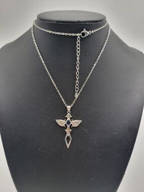 S925 Sterling Silver Angel Wing Cross Necklace with Blue Stone